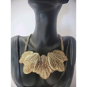 Vintage Necklace Statement Dotted Texture Leaves Gold Tone Jewelry Costume